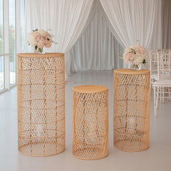 Set of 3 Natural Woven Rattan Wicker Pedestal with Wave Pattern - 19",27",33"