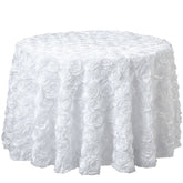 Satin 132" Round Tablecloth White - Grandiose 3D Rosette Design with Seamless Finish for Chic Occasions
