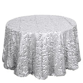 Sequin 120" Round Tablecloth Silver - Seamless Big Payette Design Table Cover