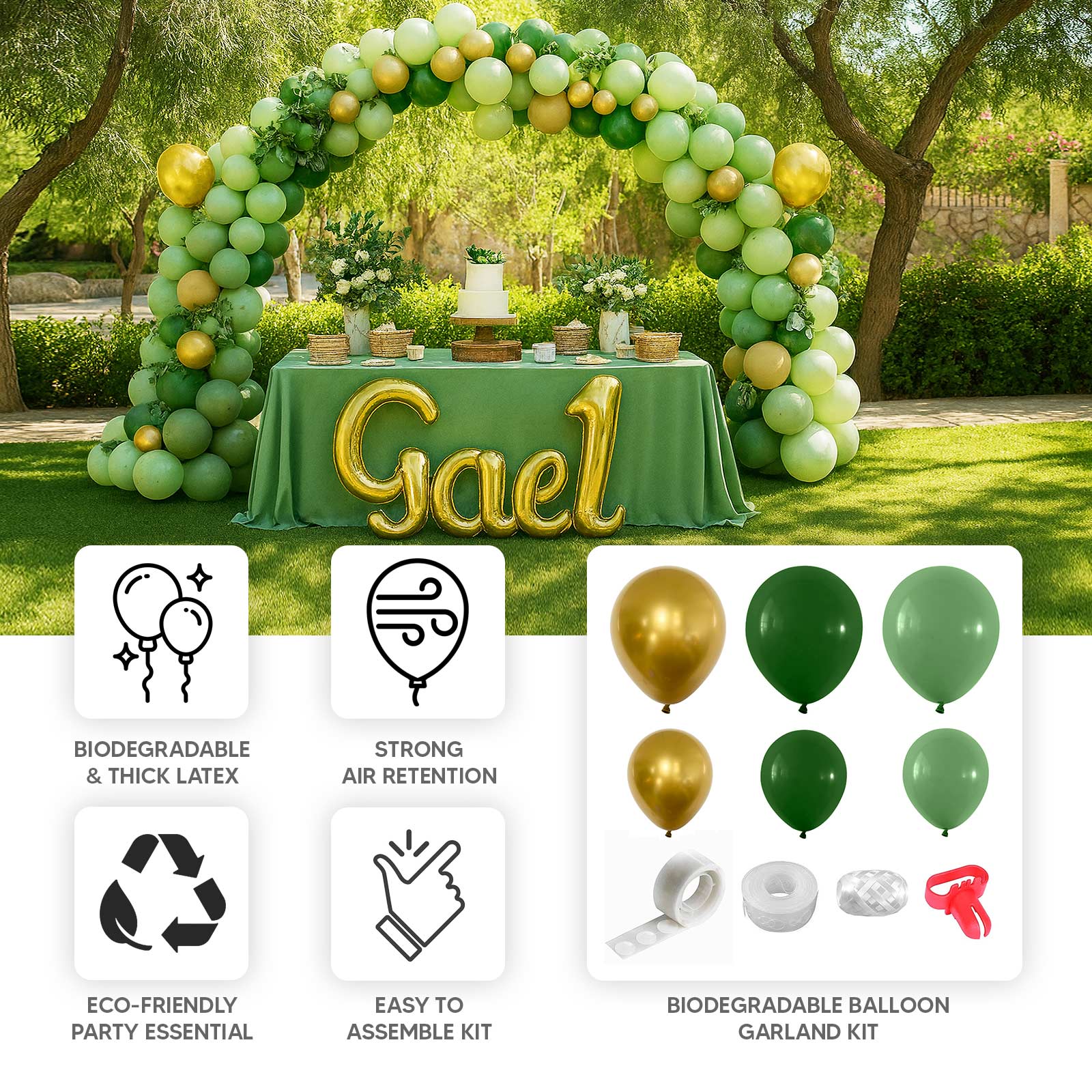 Set of 120 Gold Green Biodegradable Balloon Arch Kit, Extra Strong Eco-friendly Latex Party Balloon Garland