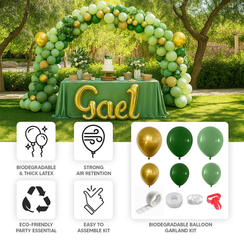 Set of 120 Gold Green Biodegradable Balloon Arch Kit, Extra Strong Eco-friendly Latex Party Balloon Garland
