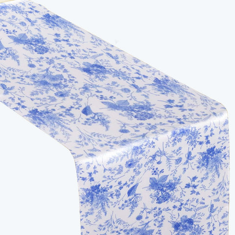 Satin 12"x108" Table Runner White with Blue French Toile Floral Pattern - Refined Style for Upscale Events