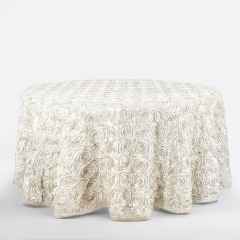 Satin 120" Round Tablecloth Ivory - Grandiose 3D Rosette with Seamless Finish Table Cover