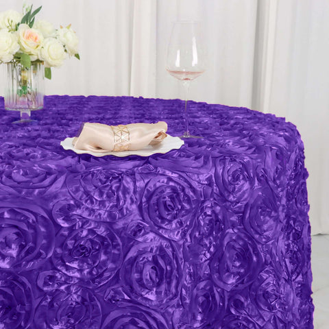 Satin 120" Round Tablecloth Purple - Grandiose 3D Rosette with Seamless Finish Table Cover