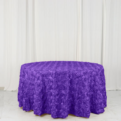 Satin 120" Round Tablecloth Purple - Grandiose 3D Rosette with Seamless Finish Table Cover