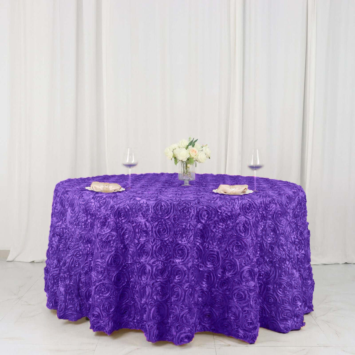 Satin 120" Round Tablecloth Purple - Grandiose 3D Rosette with Seamless Finish Table Cover