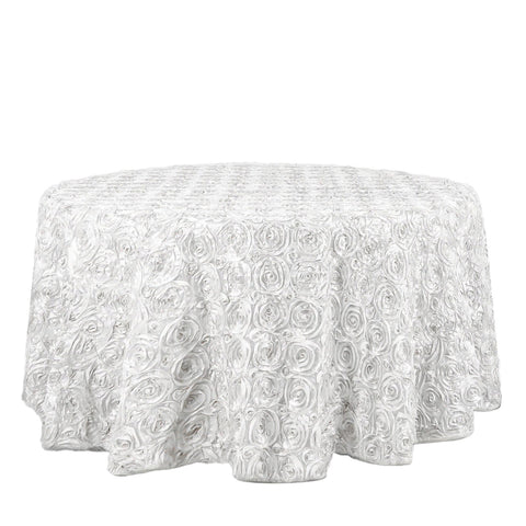 Satin 120" Round Tablecloth White - Grandiose 3D Rosette Design with Seamless Finish for Luxe Events
