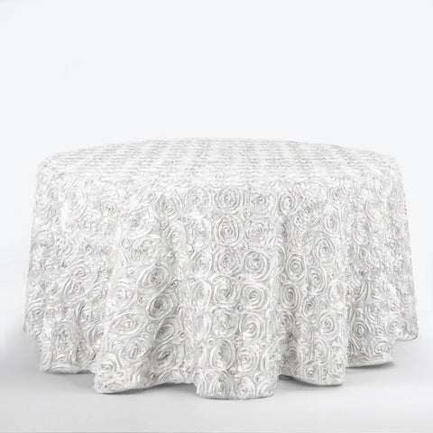 Satin 120" Round Tablecloth White - Grandiose 3D Rosette Design with Seamless Finish for Luxe Events