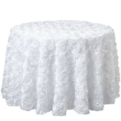 Satin 132" Round Tablecloth White - Grandiose 3D Rosette Design with Seamless Finish for Chic Occasions