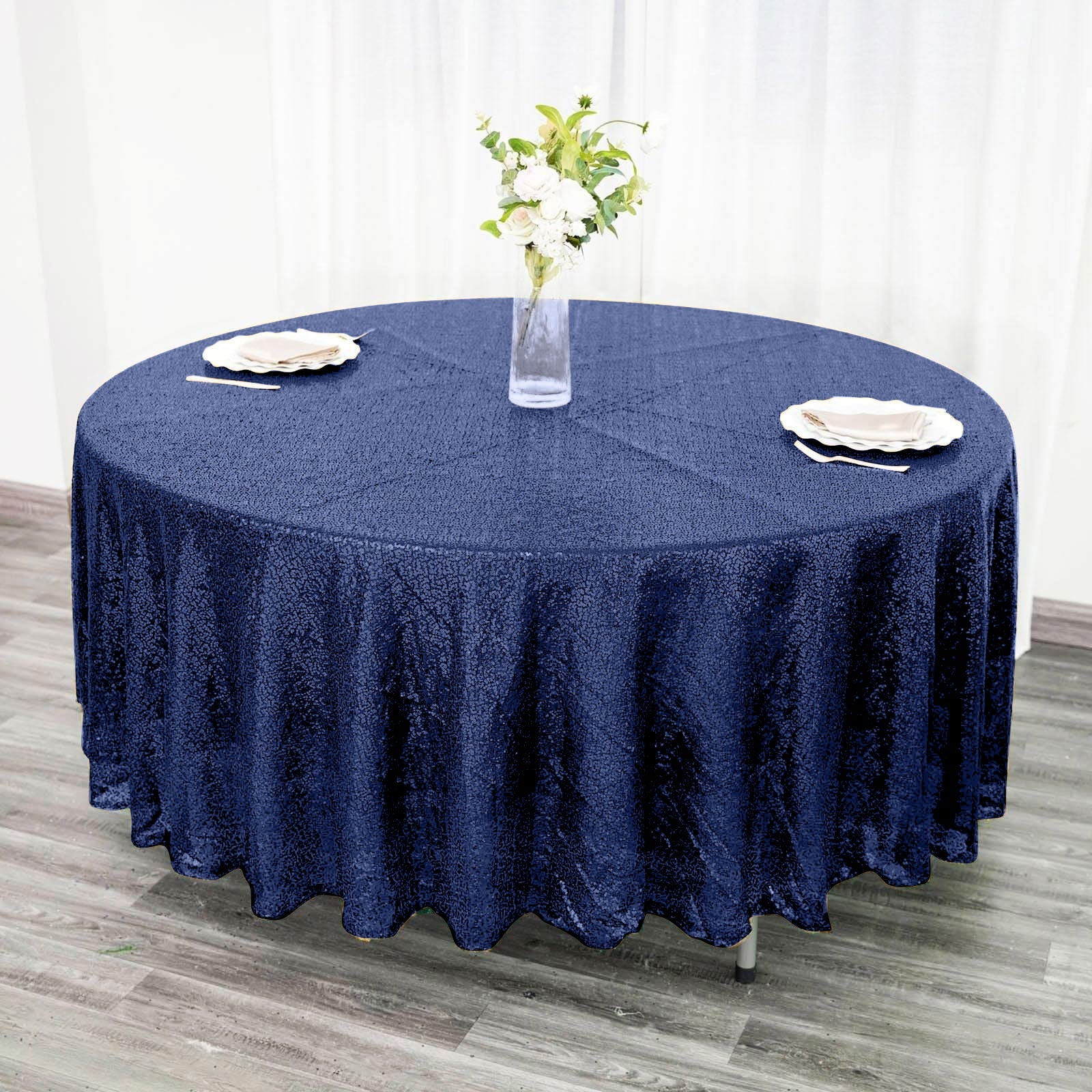 Sequin 108" Round Tablecloth Navy Blue - Glittering Finish Table Cover
