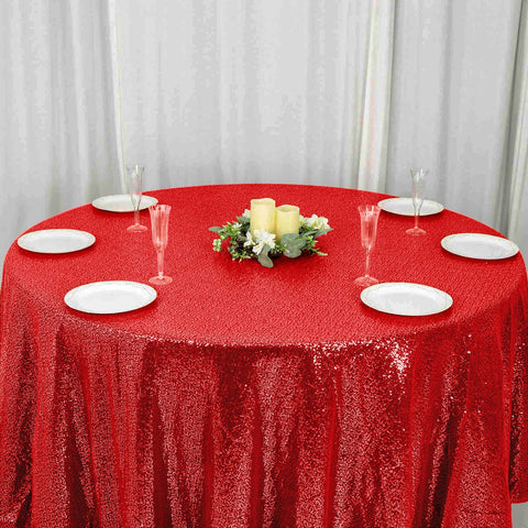 Sequin 120" Round Tablecloth Red - Seamless Glittering Table Cover