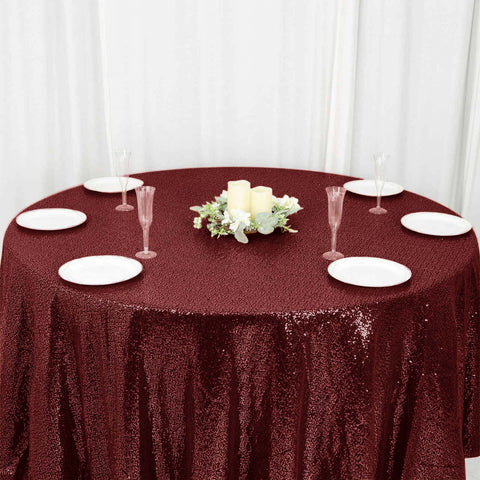 Sequin 120" Round Tablecloth Burgundy - Seamless Glittering Table Cover