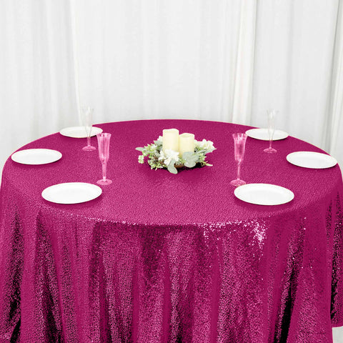 Sequin 120" Round Tablecloth Fuchsia - Seamless Glittering Table Cover