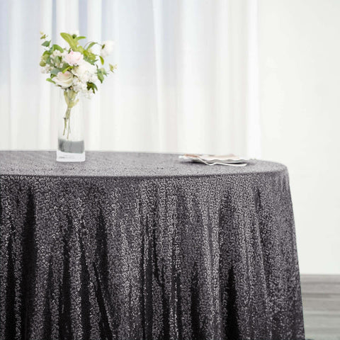Sequin 132" Round Tablecloth Black - Seamless Dazzling Table Cover