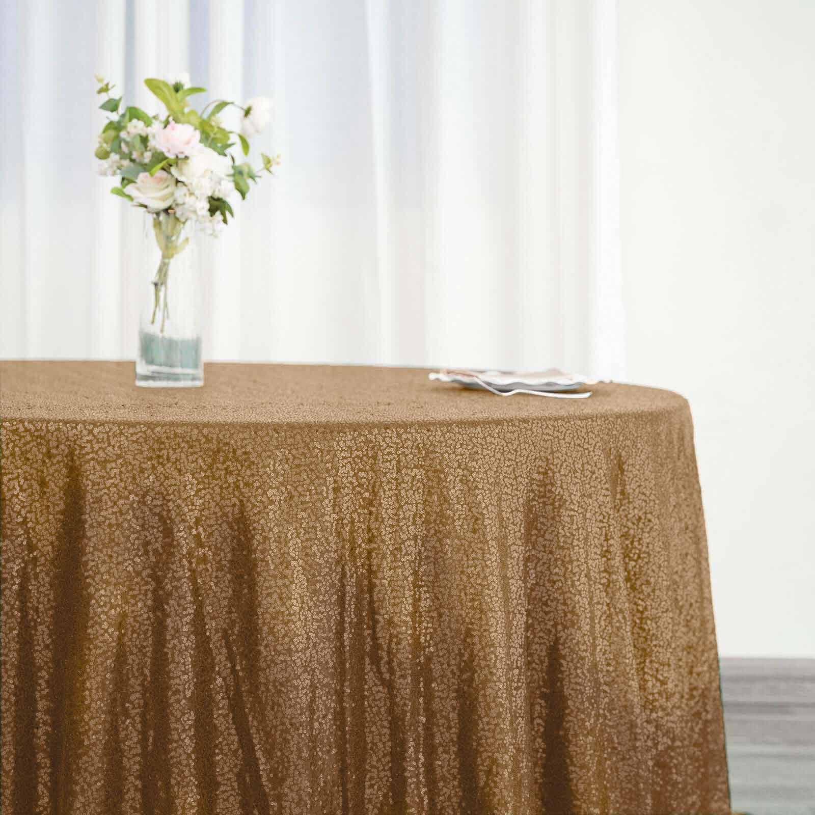 Sequin 132" Round Tablecloth Gold - Seamless Dazzling Design for Refined Events