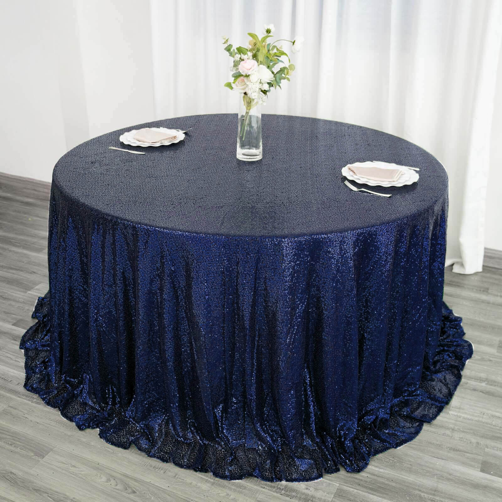 Sequin 132" Round Tablecloth Navy Blue - Seamless Dazzling Table Cover