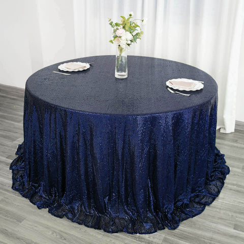 Sequin 132" Round Tablecloth Navy Blue - Seamless Dazzling Table Cover