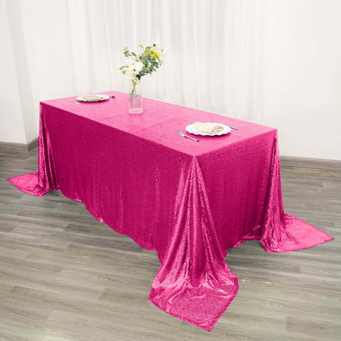 Sequin 90"x132" Rectangle Tablecloth Fuchsia - Seamless Sparkly Table Cover