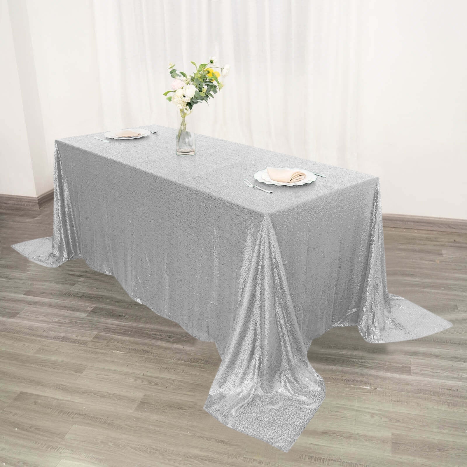 Sequin 90"x132" Rectangle Tablecloth Silver - Seamless Sparkly Table Cover