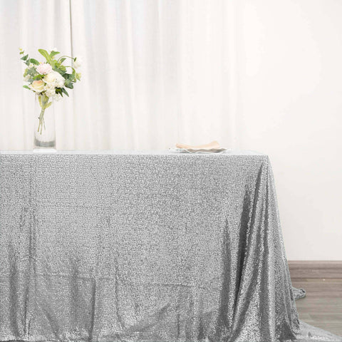 Sequin 90"x132" Rectangle Tablecloth Silver - Seamless Sparkly Table Cover