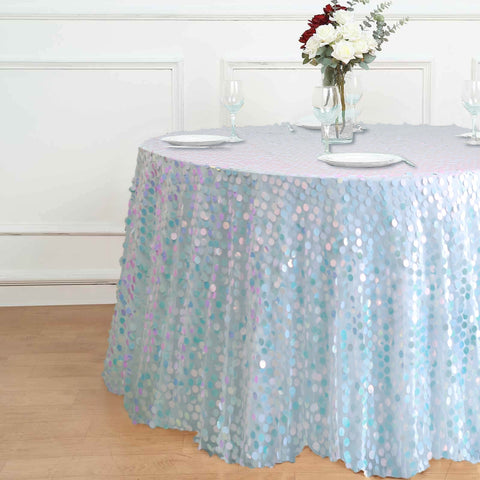 Sequin 120" Round Tablecloth Iridescent Blue - Seamless Big Payette Table Cover