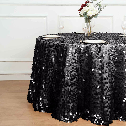 Sequin 120" Round Tablecloth Black - Seamless Big Payette Design for Luxe Celebrations