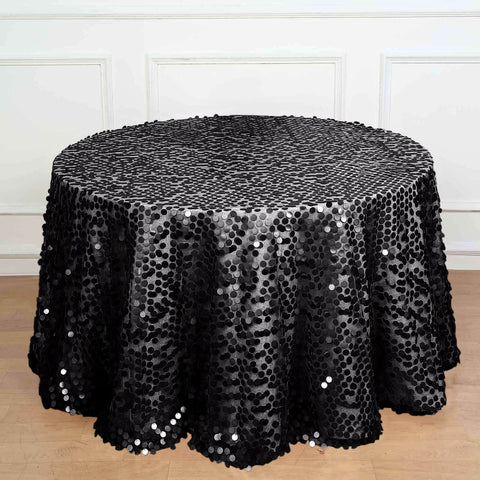 Sequin 120" Round Tablecloth Black - Seamless Big Payette Design for Luxe Celebrations