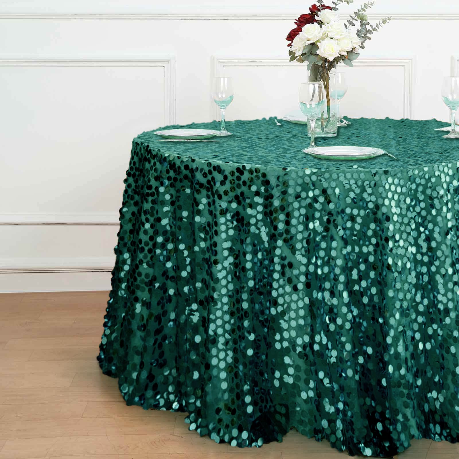 Sequin 120" Round Tablecloth Hunter Emerald Green - Seamless Big Payette Table Cover