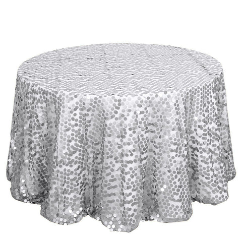 Sequin 120" Round Tablecloth Silver - Seamless Big Payette Design Table Cover