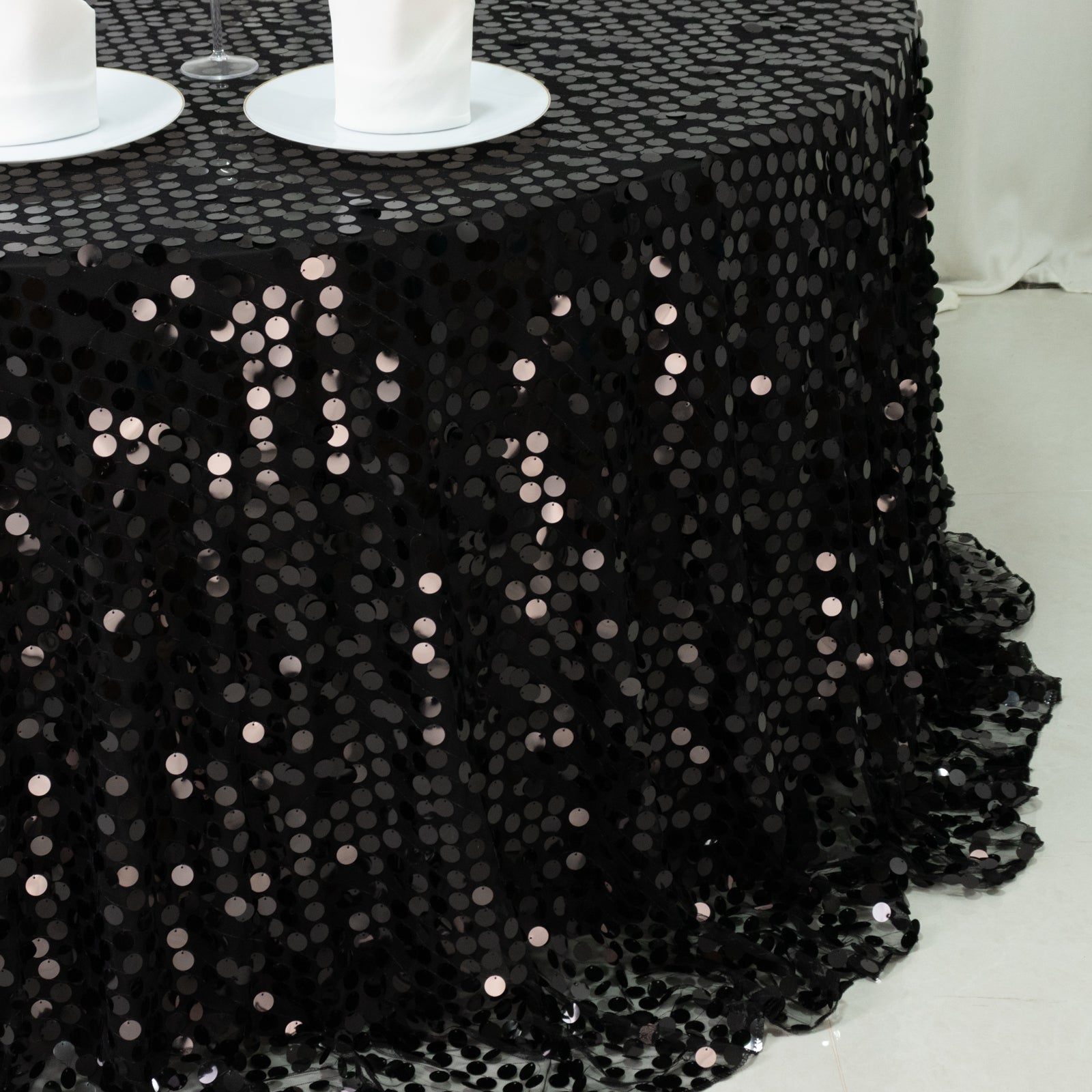 Sequin 132" Round Tablecloth Black - Big Payette Table Cover