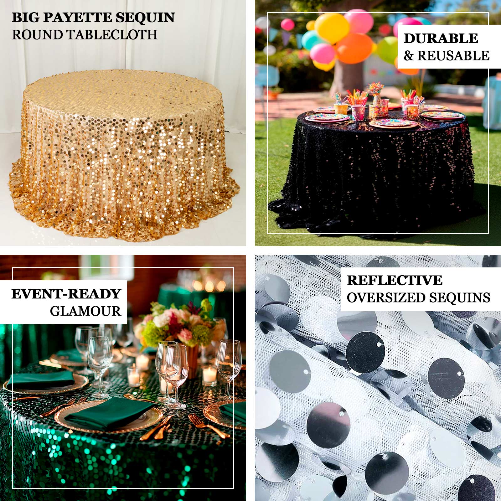 Sequin 132" Round Tablecloth Red - Big Payette Table Cover