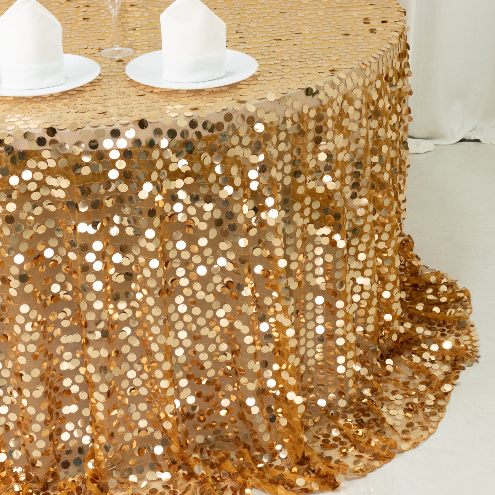 Sequin 132" Round Tablecloth Gold - Big Payette Table Cover