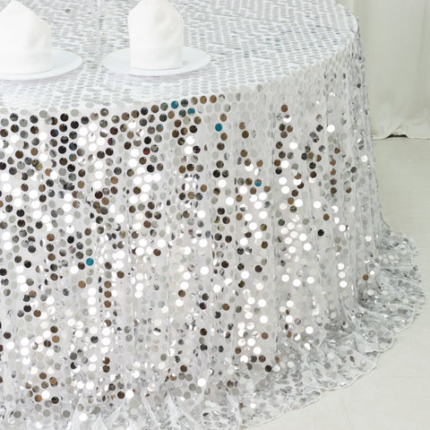 Sequin 132" Round Tablecloth Silver - Big Payette Table Cover