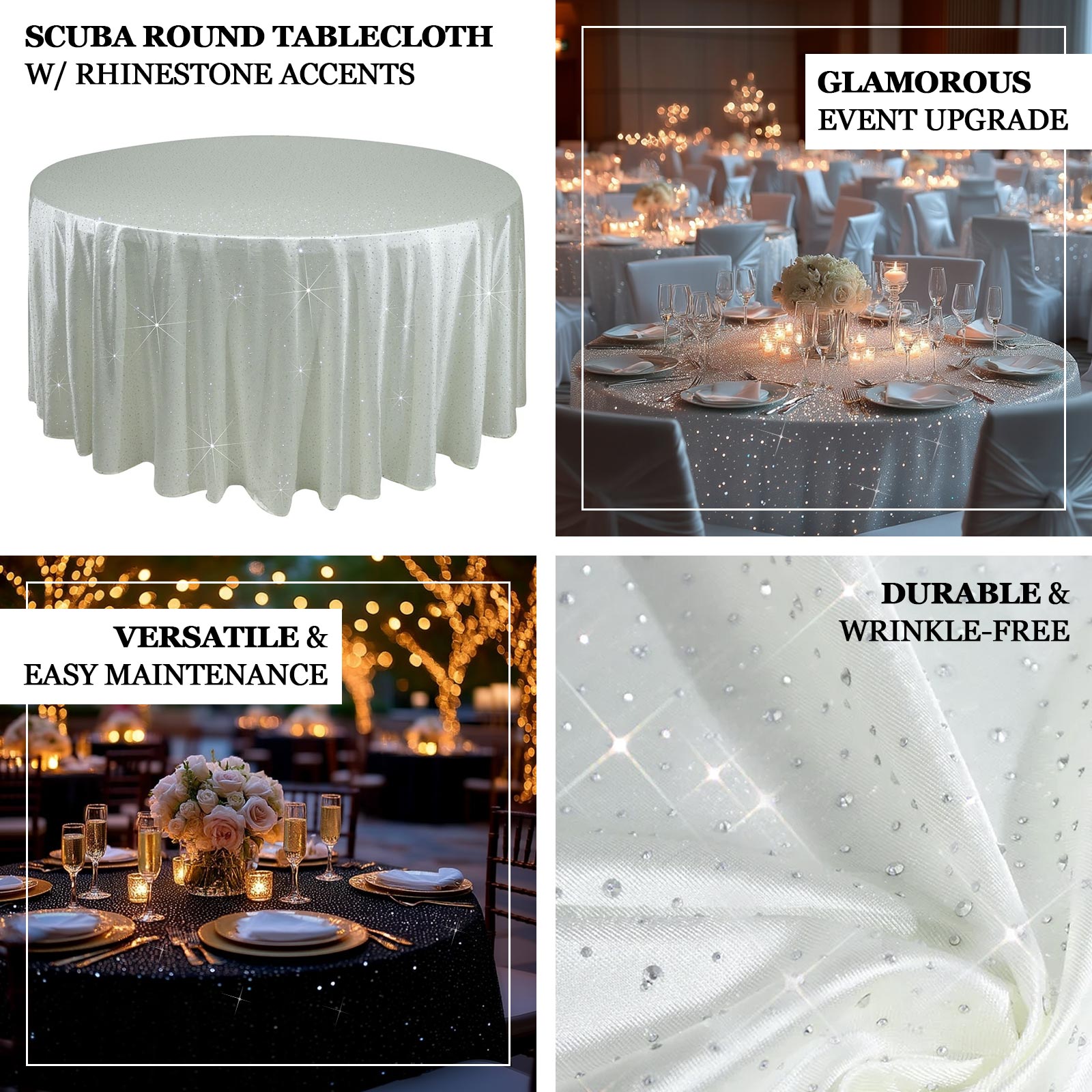 Scuba Round Tablecloth 120″ Pearl White with Rhinestone Accents – Seamless, Wrinkle-Free, Stain-Resistant Event Linen