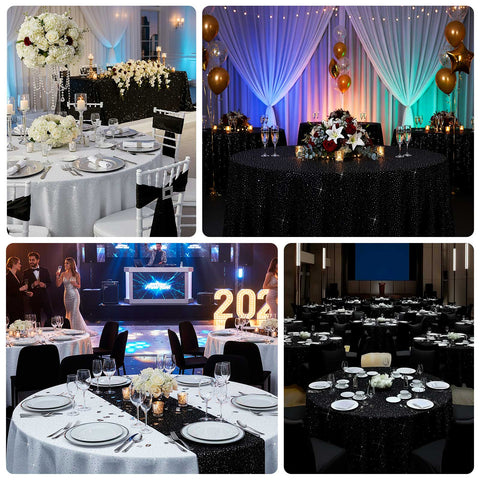 Scuba Round Tablecloth 120″ White with Rhinestone Accents – Seamless, Wrinkle-Free, Stain-Resistant Event Linen