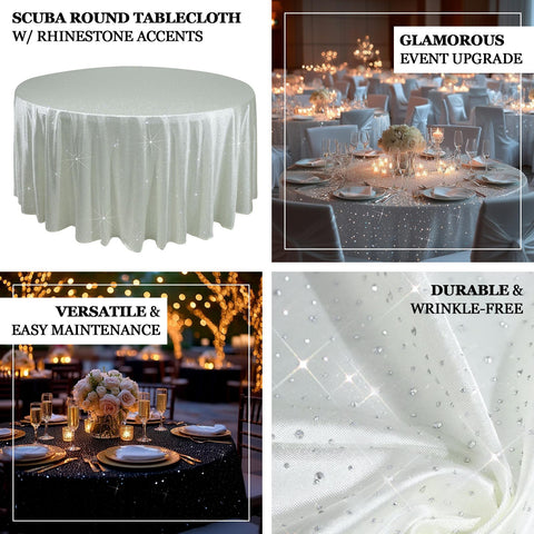 Scuba Round Tablecloth 132″ White with Rhinestone Accents – Seamless, Wrinkle-Free, Stain-Resistant Event Linen