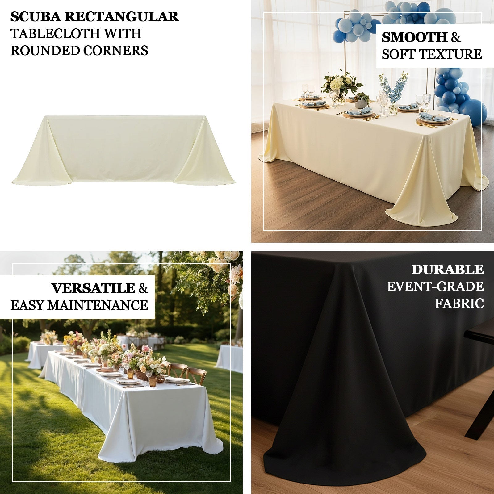 Scuba Rectangular 90"x132" Tablecloth Black with Rounded Corners – Seamless, Wrinkle Free & Stain Resistant Table Cover