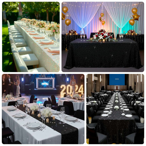 Scuba Rectangular Tablecloth 90"×132" Black with Rhinestone Accents – Seamless, Wrinkle-Free, Stain-Resistant Event Linen