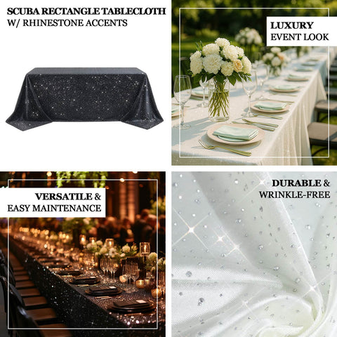 Scuba Rectangular Tablecloth 90"×156" Black with Rhinestone Accents – Seamless, Wrinkle-Free, Stain-Resistant Event Linen