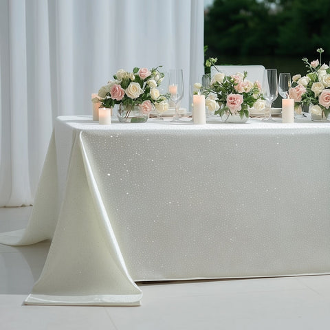 Scuba Rectangular Tablecloth 90"×156" Pearl White with Rhinestone Accents – Seamless, Wrinkle-Free, Stain-Resistant Event Linen