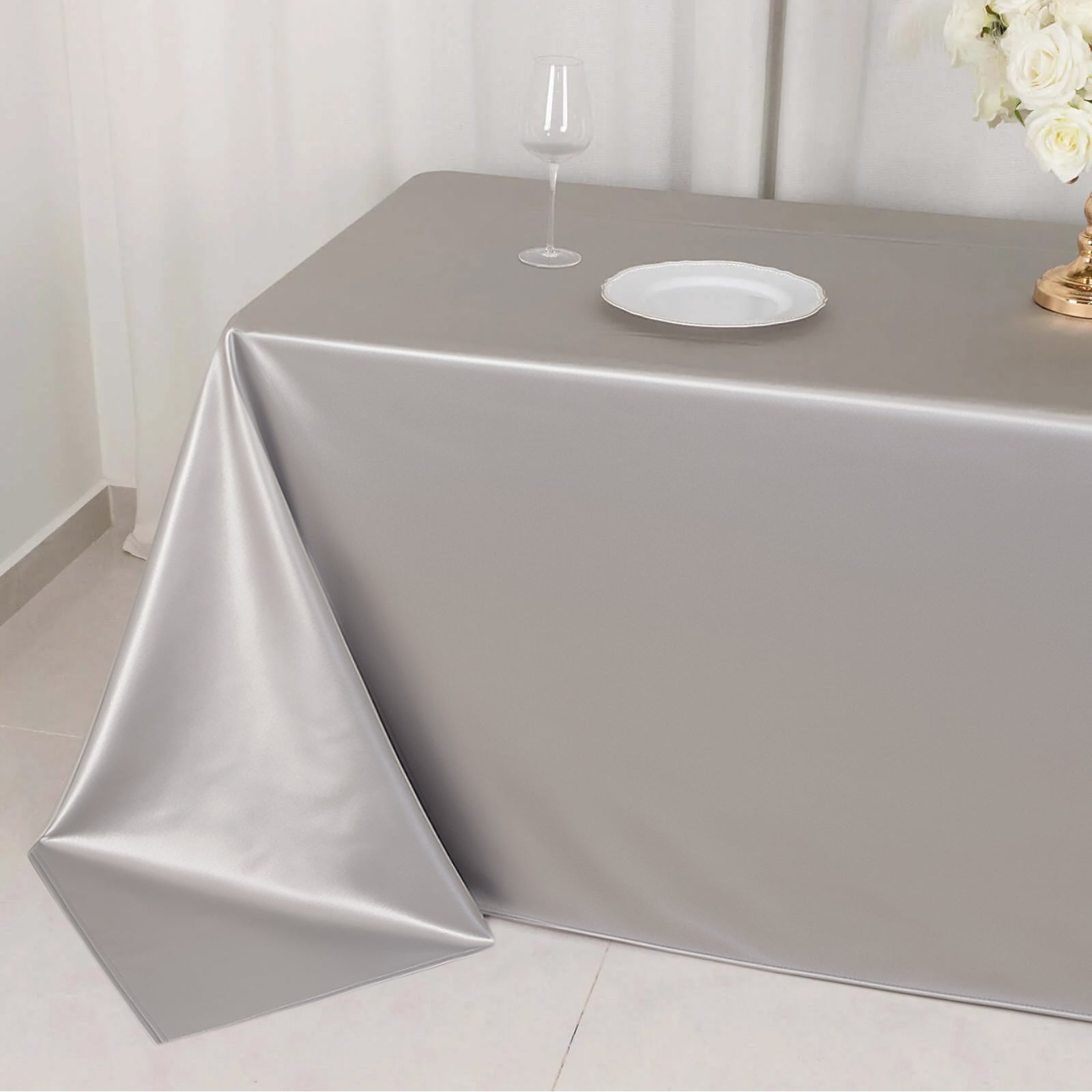 Scuba Rectangular 90"x132" Tablecloth Shimmering Silver - Wrinkle Free & Stain Resistant Seamless Table Cover