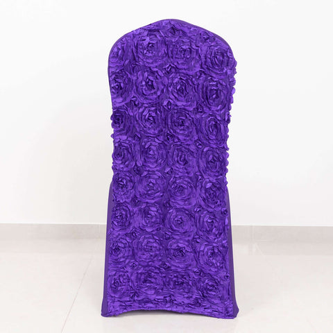 Satin Rosette Chair Cover for Banquet Chairs Purple - Stretch Fitted Slip-On Slipcover