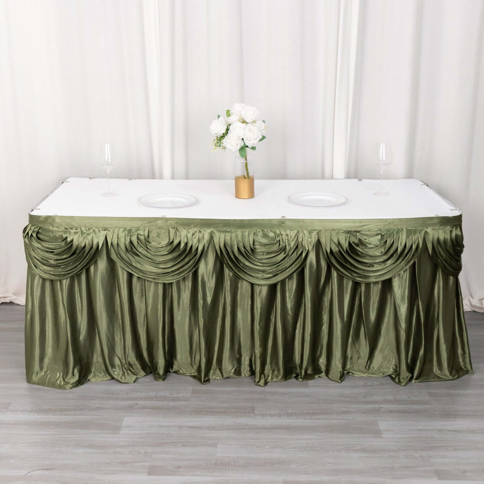 Satin 14ft Table Skirt Dusty Sage Green - Pleated Double Drape Table Cover