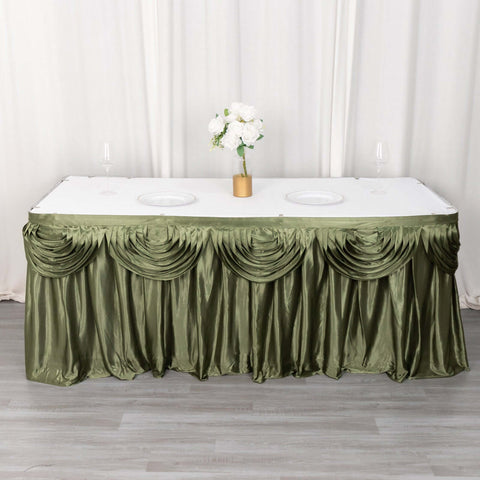 Satin 14ft Table Skirt Dusty Sage Green - Pleated Double Drape Table Cover