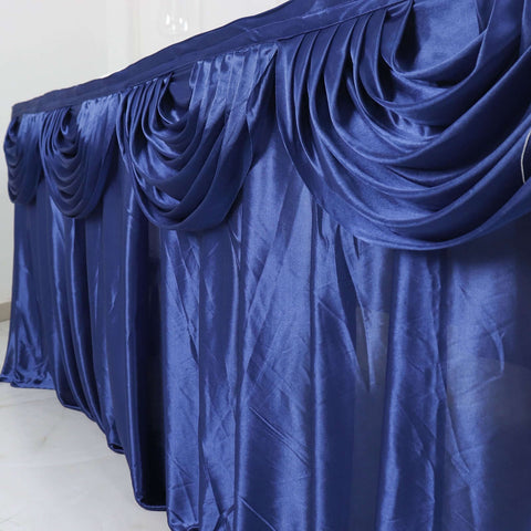 Satin 14ft Table Skirt Navy Blue - Pleated Double Drape Table Cover