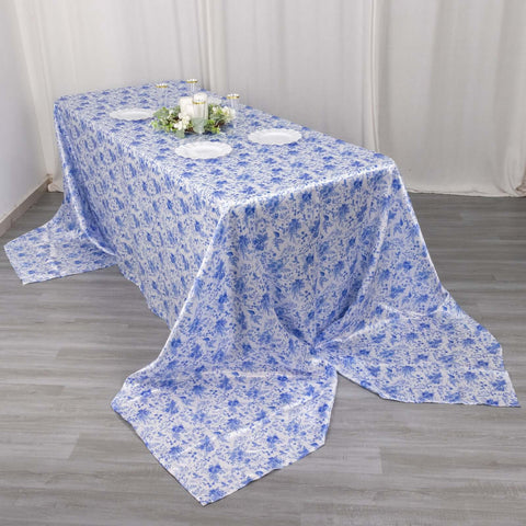 Satin Rectangular 90"x156" Tablecloth White/Blue French Toile Design - Seamless Stylish & Wrinkle-Resistant Table Cover