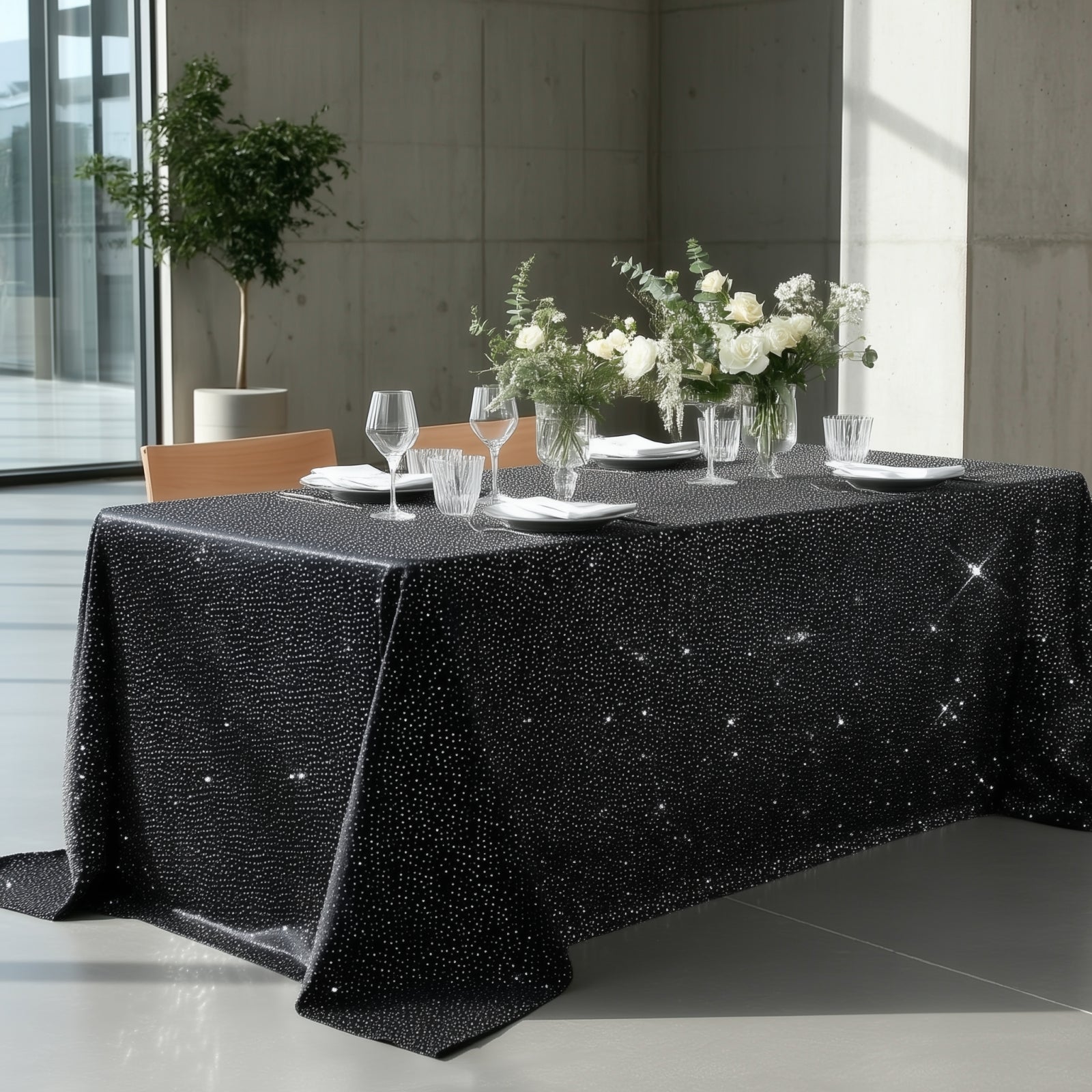 Scuba Rectangular Tablecloth 90"×132" Black with Rhinestone Accents – Seamless, Wrinkle-Free, Stain-Resistant Event Linen