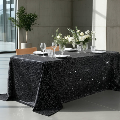 Scuba Rectangular Tablecloth 90"×132" Black with Rhinestone Accents – Seamless, Wrinkle-Free, Stain-Resistant Event Linen