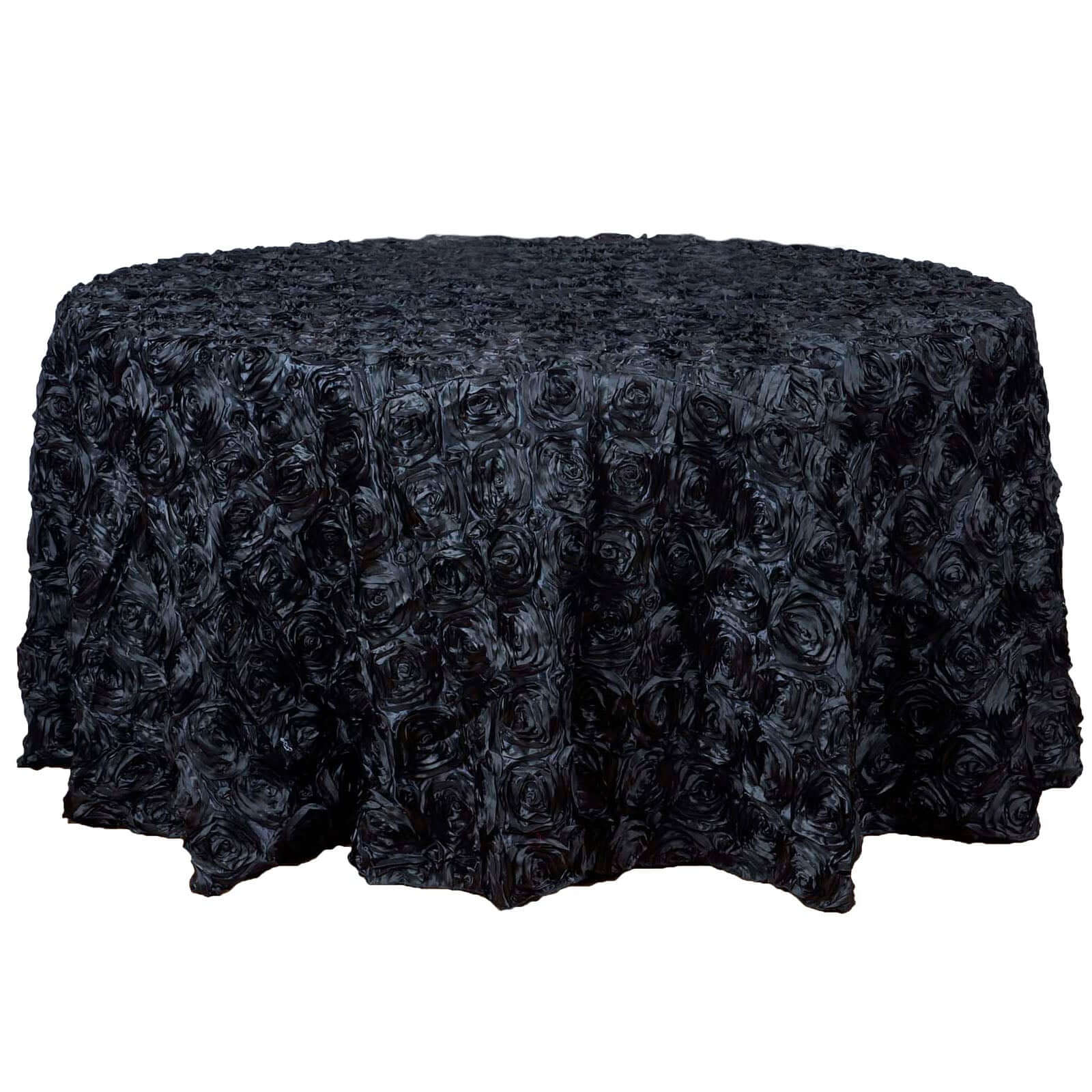 Satin 120" Round Tablecloth Black - Grandiose 3D Rosette with Seamless Finish Table Cover