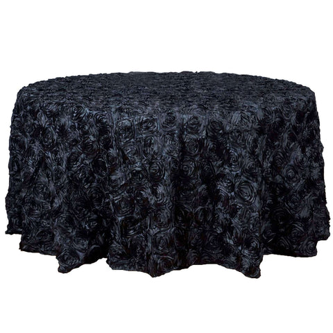 Satin 120" Round Tablecloth Black - Grandiose 3D Rosette with Seamless Finish Table Cover